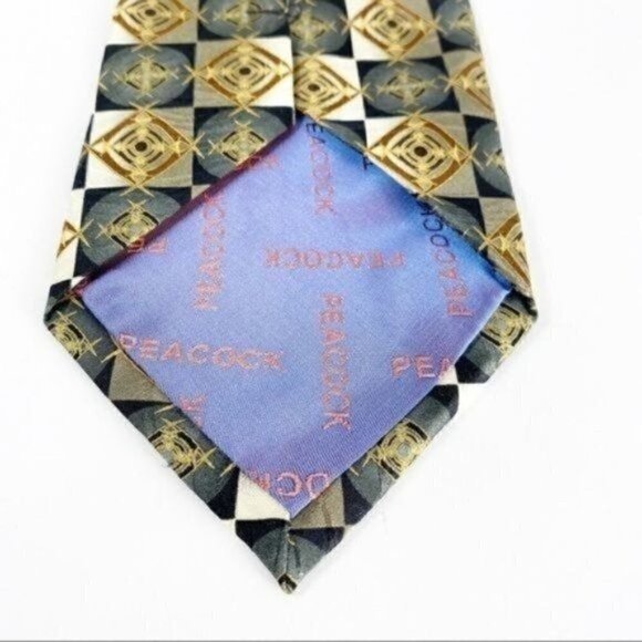 HANDMADE Geometric Silk Necktie - PEACOCK 100% Tie - Picture 7 of 8